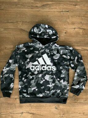 Adidas Camo Hoodie Boys XL 18/20 Black Gray Camouflage Outdoor Pullover Unisex